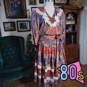 Vintage 80s Diane Freis Floral Lace Collar Belted Boho Prairie Dress Cotton